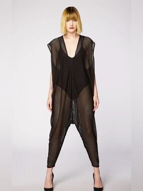 Evan Biddell Black Sparkle Mesh Jumpsuit Cover Up Avant Garde Sheer Overlay OS